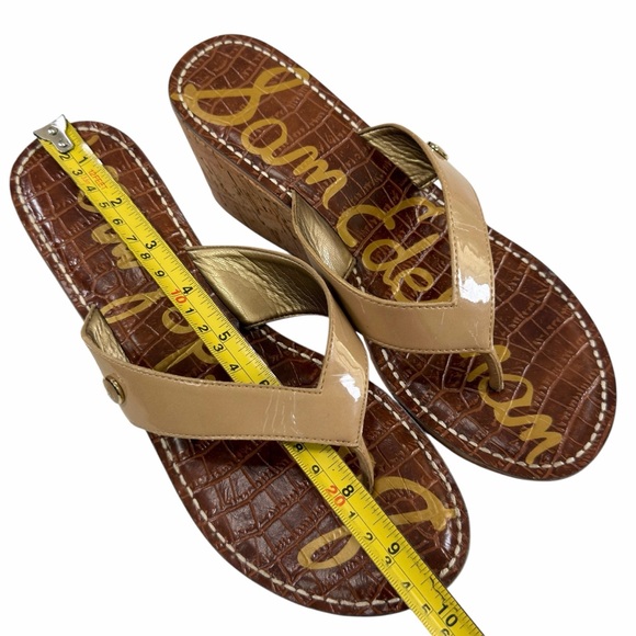 Sam Edelman Romy Faux Patent Platform Cork Wedge Thong Sandals Tan Size 8M - Picture 13 of 15
